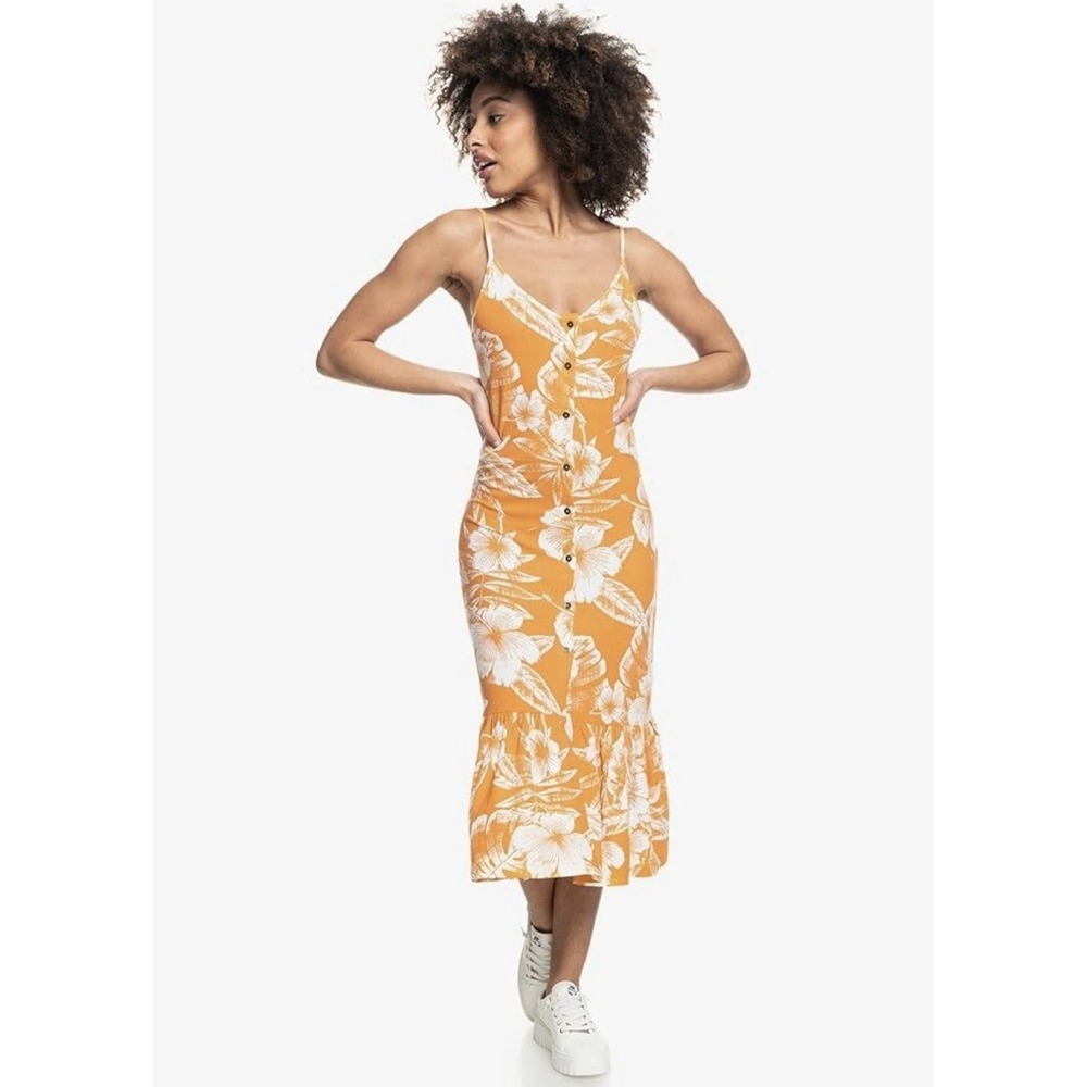 Roxy Women's Medium Seaside State Maxi Dress Apricot White Floral Button Down